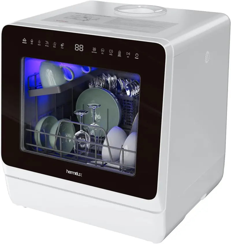 Compact Countertop Dishwasher with 5-Liter Water Tank and 5 Wash Cycles for Glass-Door Kitchens