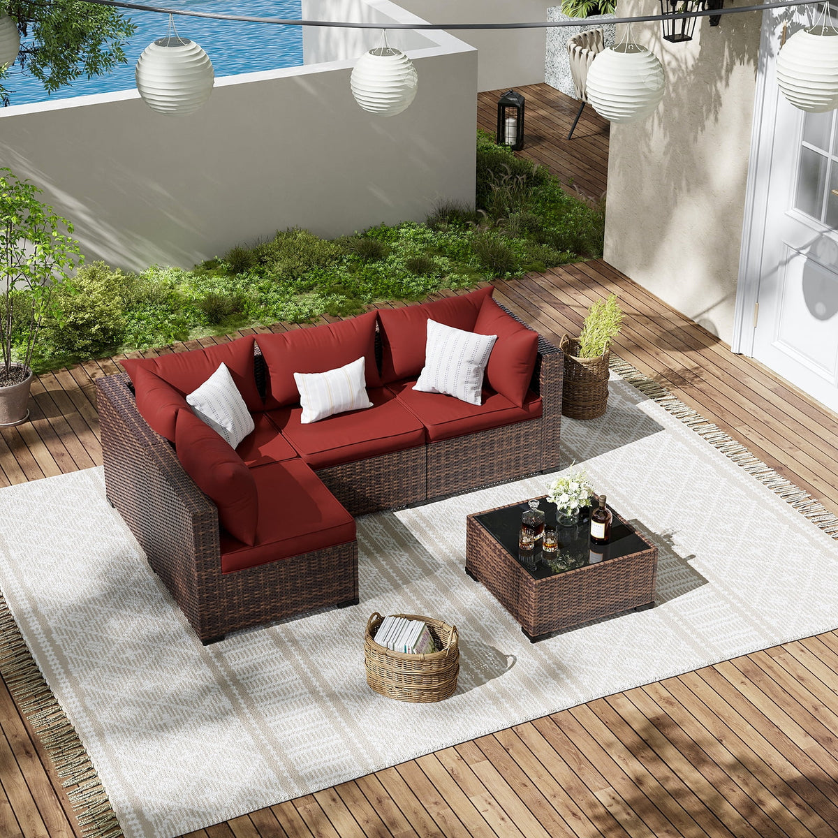 ELPOSUN Patio Furniture Set, Outdoor Patio Furniture Wicker Furniture Couch Set, 5 Pieces Outdoor Sectional Sofa, Patio Furniture Set, Outdoor Patio Set for Balcony Furniture (Grey)