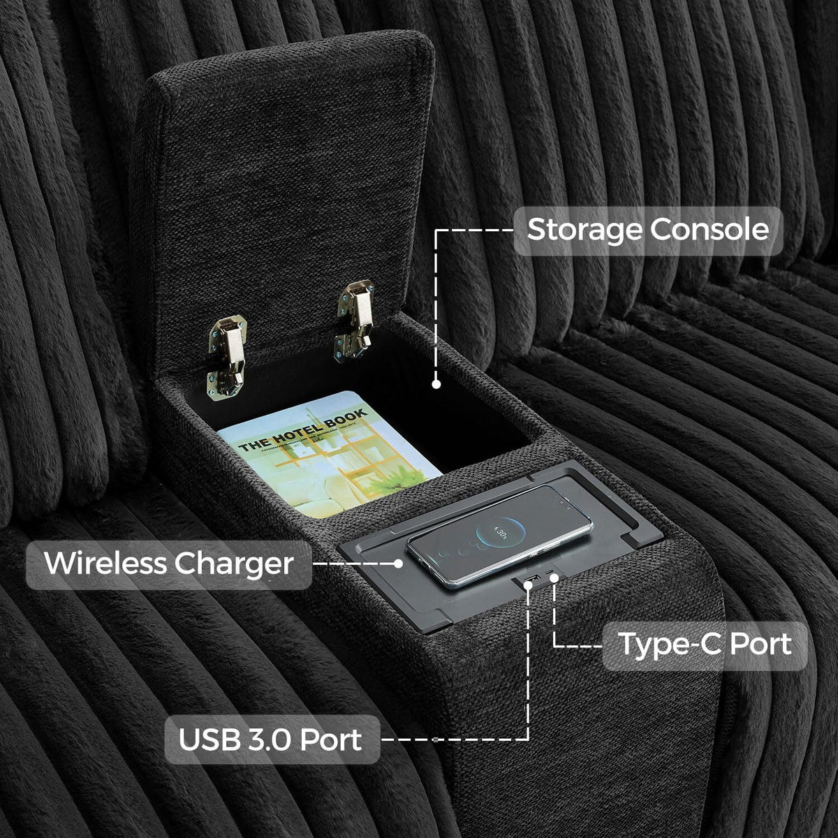 Power Reclining Sectional Sofa with Wireless Charger, 6 - Seater Faux Fur Sectional with Recliners, Hidden Cup Holders, Storage Console, USB & Type - C Ports, Black