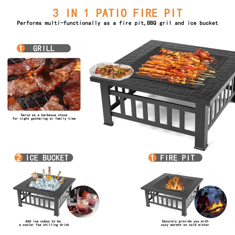 UHOMEPRO 32″ Outdoor Fire Pit Table, Wood Burning with Screen Lid, BBQ Net, Ice Tray, and Cover