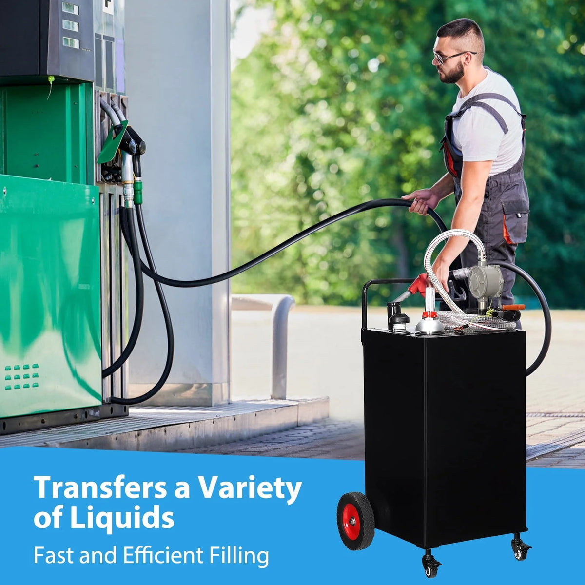 Fuel Caddy, 30 Gallon Portable Gas Storage Tank On 4 Wheels with Manual Transfer Pump, Gasoline Diesel Fuel Container with Manual Transfer Siphon Pump, for Cars, Lawn Mowers, ATVs, Boats
