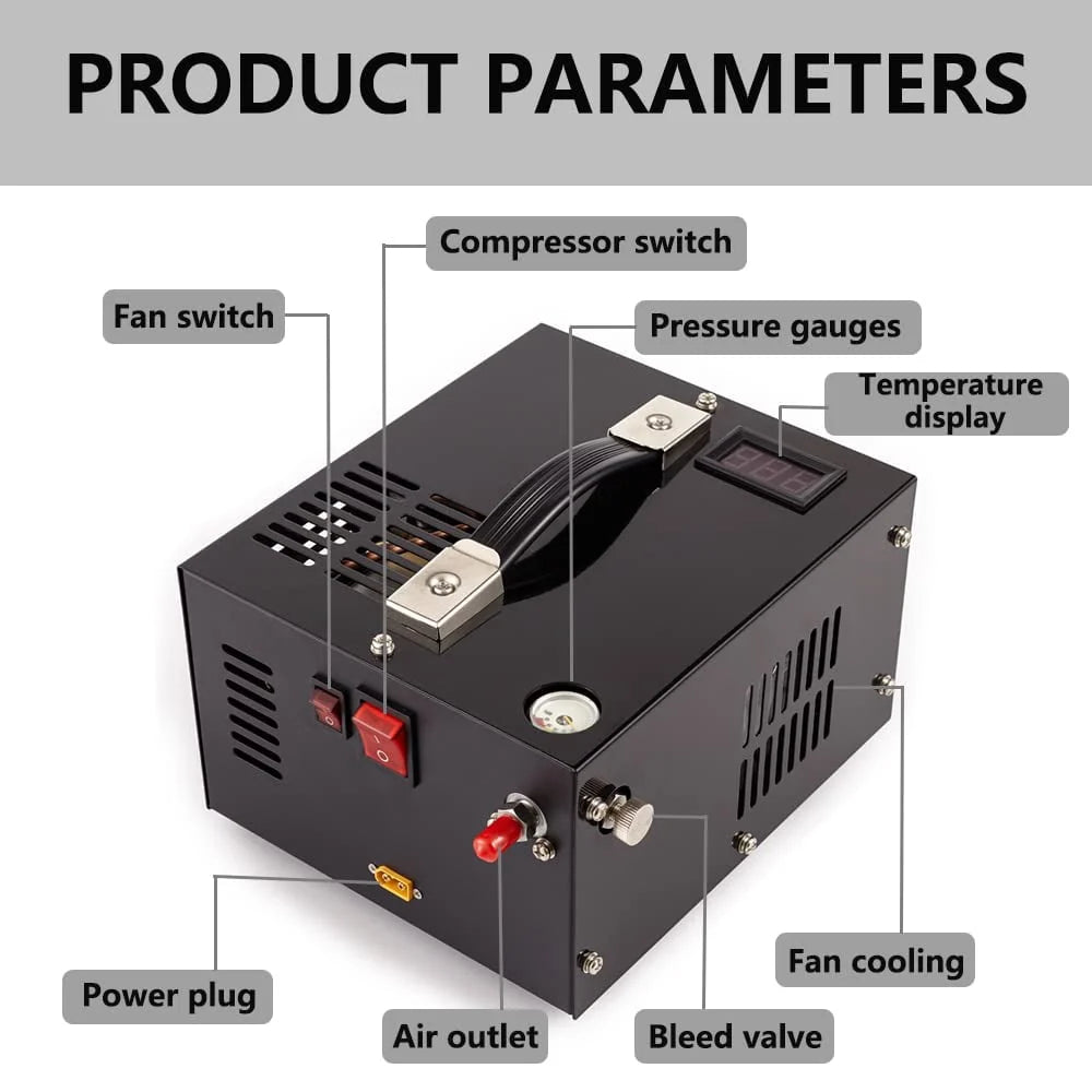 iMeshbean PCP Air Compressor, 4500PSI Portable PCP Compressor, 12V DC/110V 220V AC, PCP Manual-stop, w/Built-in Fan, for Paintball, Scuba Bottle