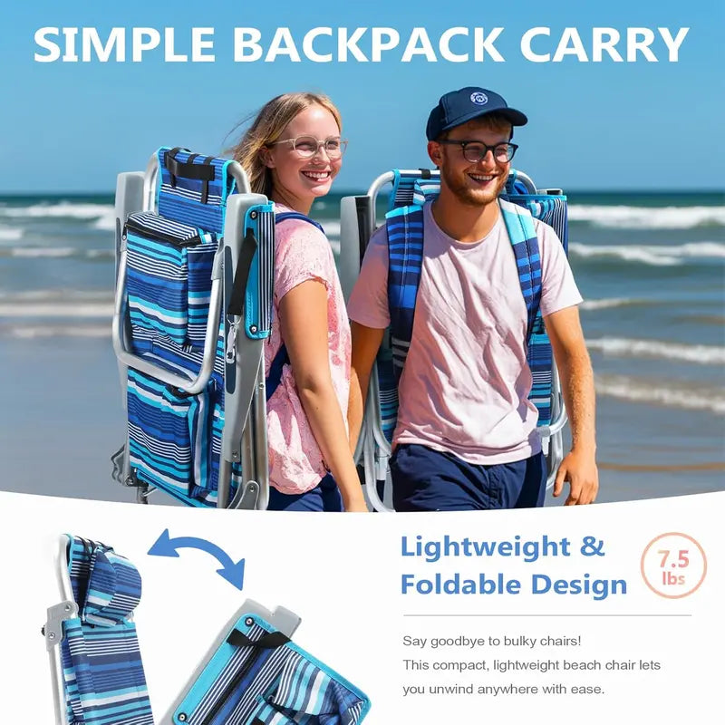 Tall Aluminum Backpack Beach Chairs – 2-Pack, 5-Position Lay-Flat Design with Cooler Pouch, Towel Bar, Phone Holder & Cup Holder, Blue Stripe