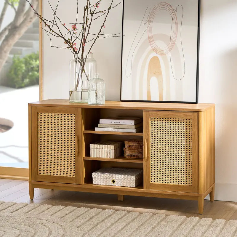 Springwood Cane TV Stand for 65″ TVs, Light Honey Finish