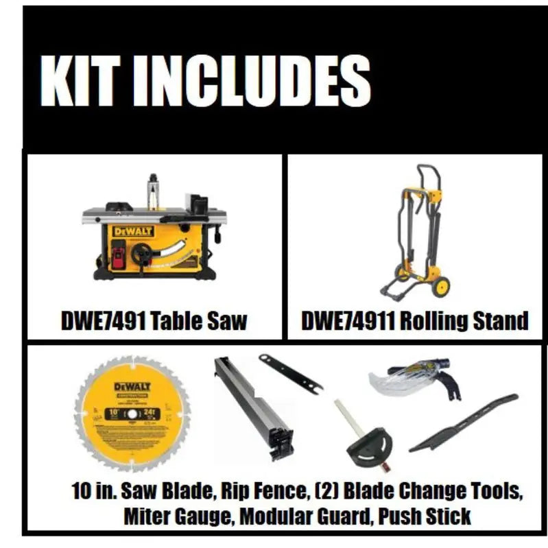 DEWALT DWE7491RS 10-Inch Job Site Table Saw  15-Amp Corded, Integrated Rolling Stand