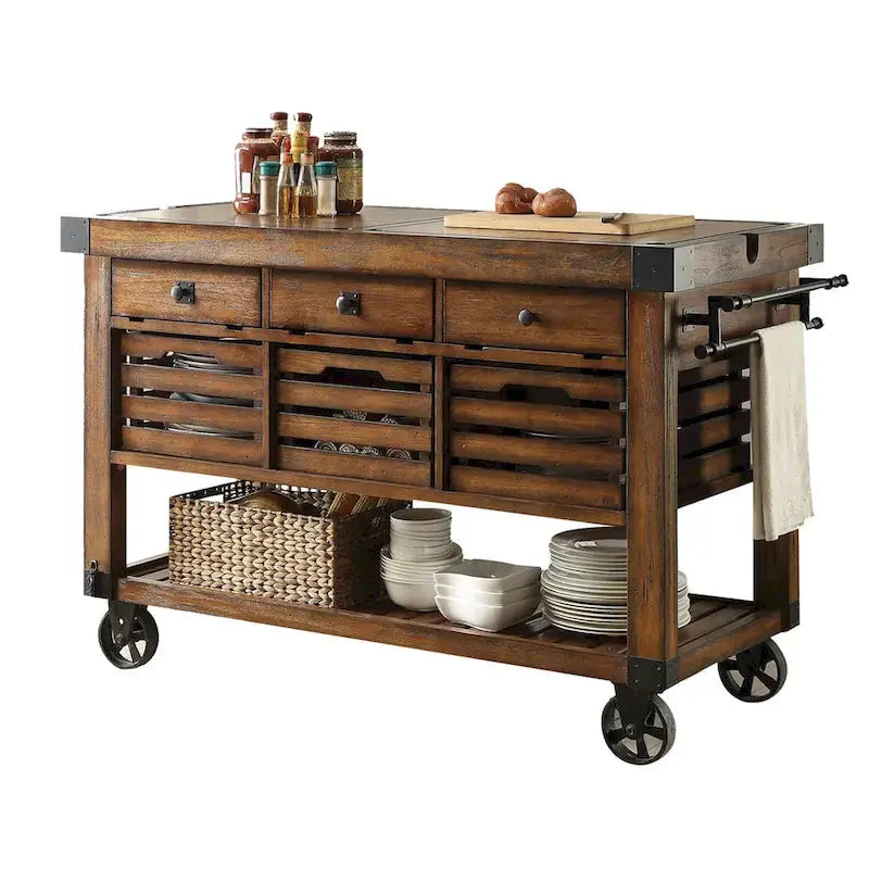Distressed Chestnut Kitchen Island Cart with 3 Storage Drawers