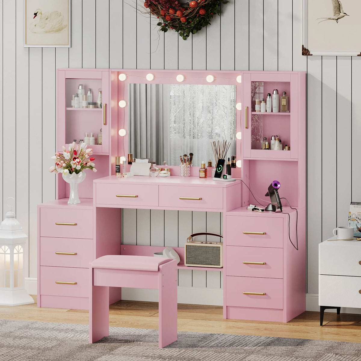 UGTOO 58.3" White Vanity Desk with Mirror, Adjustable Lighting, Power Outlet, Drawers, with Stool