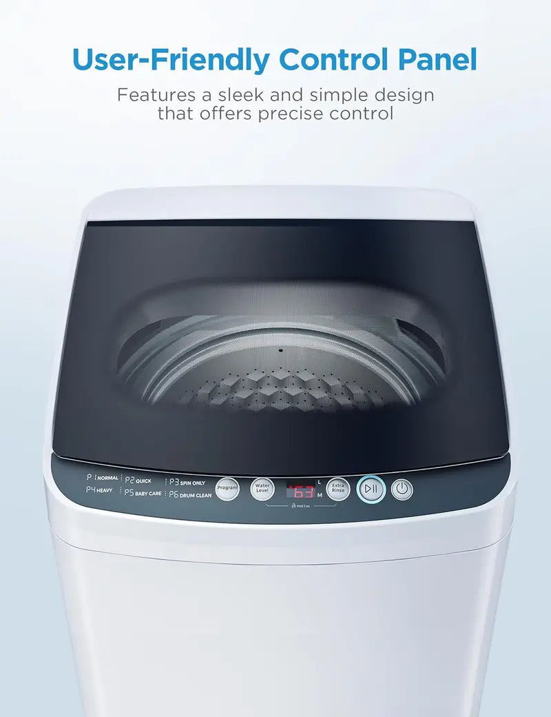 Compact Portable Washing Machine with 6 Wash Programs, Stainless Steel Drum, Clear Lid & LED Control Panel  White
