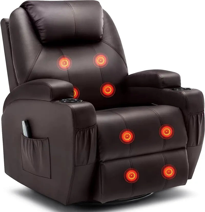 Swivel Recliner Rocking Chair – Massage & Heat Functions, Manual Recline, Remote Control, Cup Holder, 360° Rotation for Living Room or Nursery