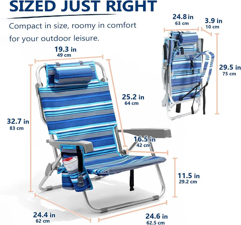 Tall Aluminum Backpack Beach Chairs – 2-Pack, 5-Position Lay-Flat Design with Cooler Pouch, Towel Bar, Phone Holder & Cup Holder, Blue Stripe
