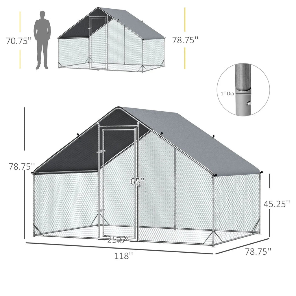 GFVCNIO Metal Coop Run with Cover Walk-In Outdoor Poultry Pen for Rabbits Ducks Large Hen House for Yard 10' x 6.5' x 6.5' Silver
