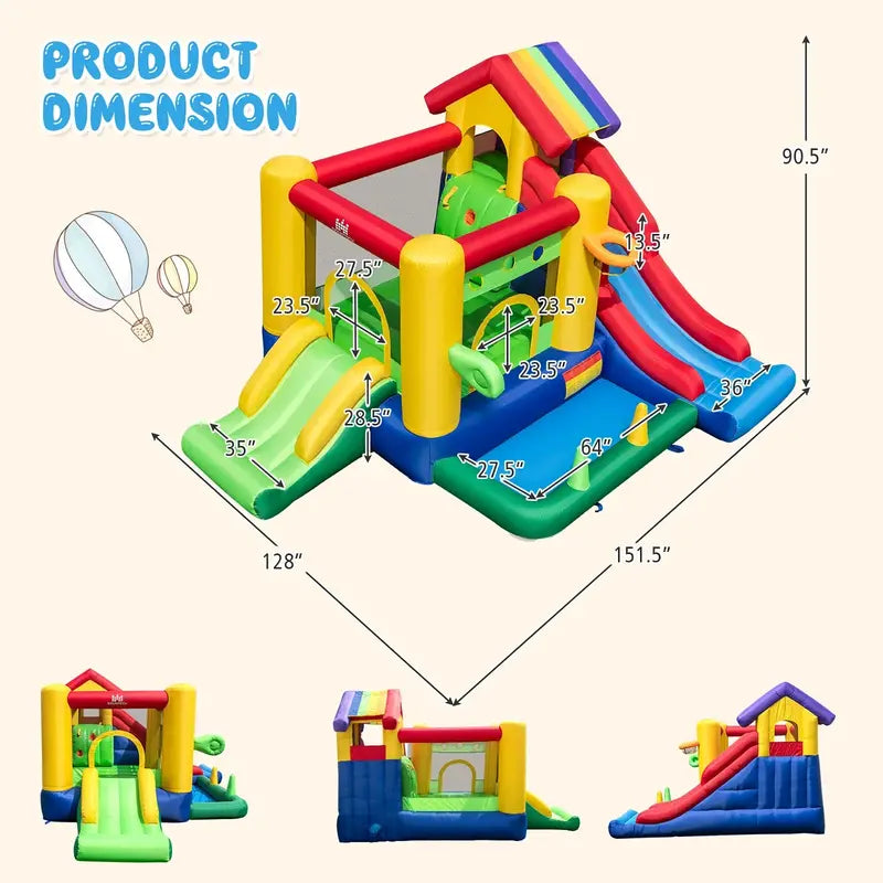 Costway Rainbow Kids Inflatable Bounce House  Includes 50 Ocean Balls & 735W Blower