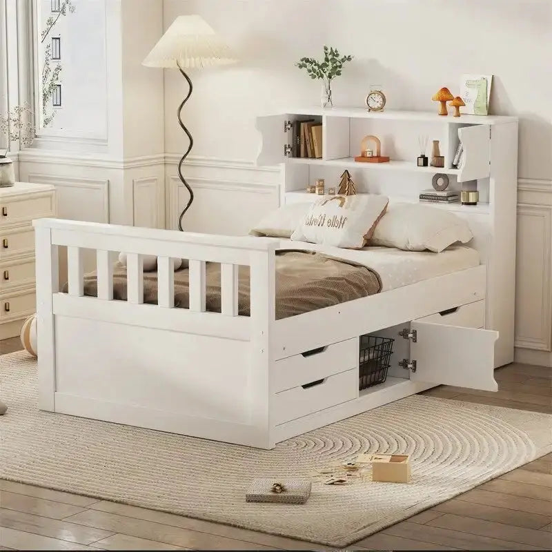 Twin/Full Captain Bed with Storage – Solid Wood Platform Frame Featuring 4 Drawers & Bookcase Headboard