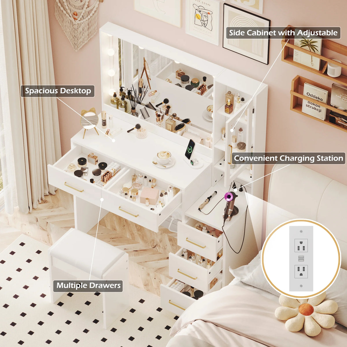 UGTOO 58.3" White Vanity Desk with Mirror, Adjustable Lighting, Power Outlet, Drawers, with Stool